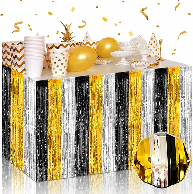 3 Pack 29 x108 Inch Black Gold Silver Foil Fringe Table Skirts Metallic Banner by Mebiornt