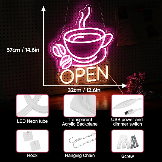 Coffee Cup Open Led Neon Sign For Business Wall Decor, Usb Powered Neon Coffee - Image 5