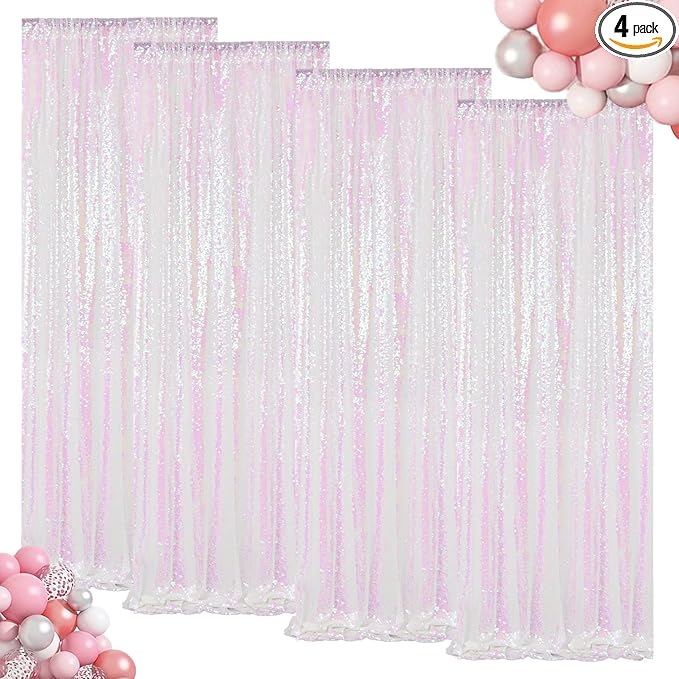 ShinyBeauty Sequin Backdrop 4 Panels White Sequin Curtains Photo Backdrop by ShinyBeauty