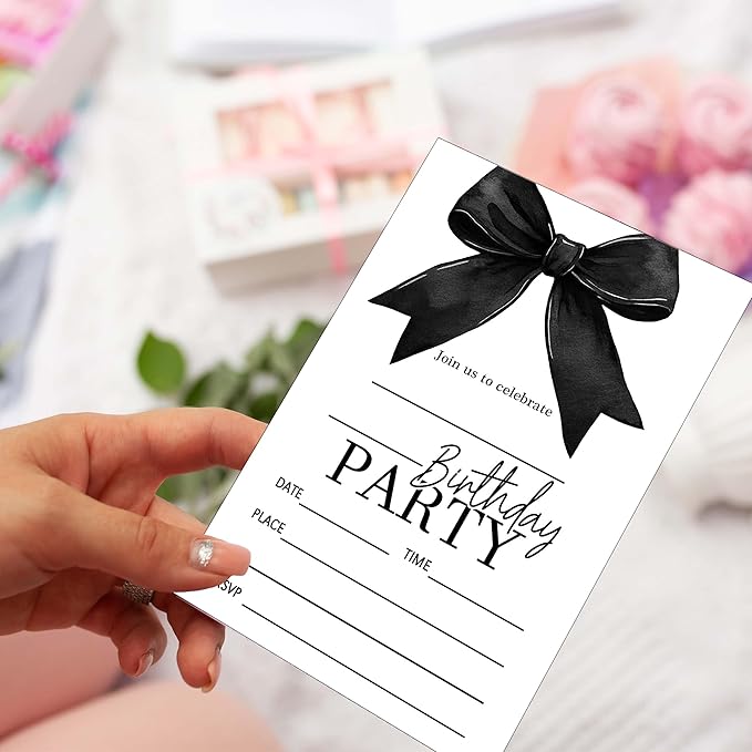 SIXEIGHT Black Bow Birthday Invitations, 20 Party Invitations - Image 3