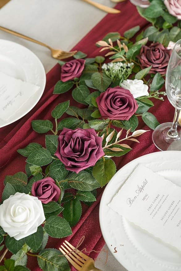 Ling's moment 5FT Burgundy Artificial Flower Garland Dusty Rose Leaves Floral - Image 2