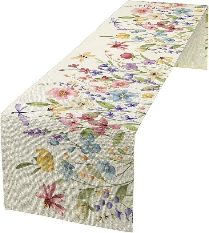 Watercolor Floral Table Runner, Colorful Spring Summer Nature Flower Dragonfly by Unknown