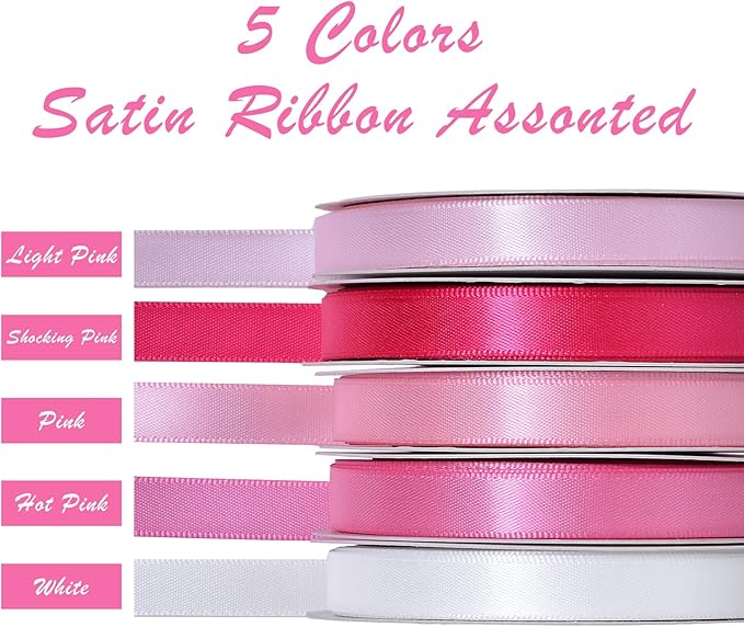Ribest Pink Double Faced Satin Ribbon Set, 3/8 Inch White, Light Pink, Hot Pink - Image 2