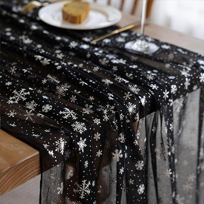 Silvery Snowflake Metallic Print Tulle Christmas Table Runner, Seasonal Winter - Image 5