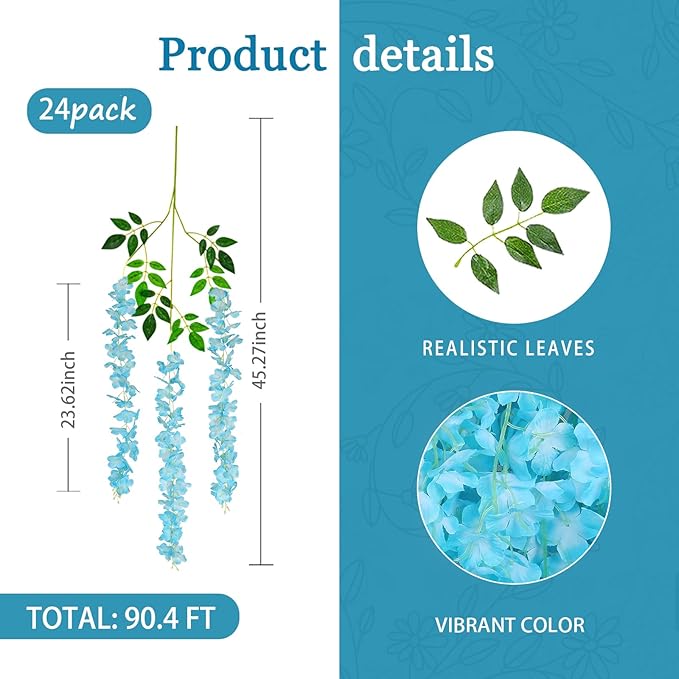 24 Pack Lake Blue Wisteria Hanging Flowers Garland, 3.77 Feet Artificial Flower - Image 3