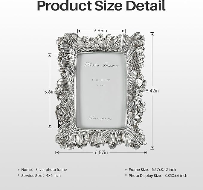 4x6 Silver Picture Frame, Vintage Silver Palm Leaves Textured Hand-Crafted - Image 6