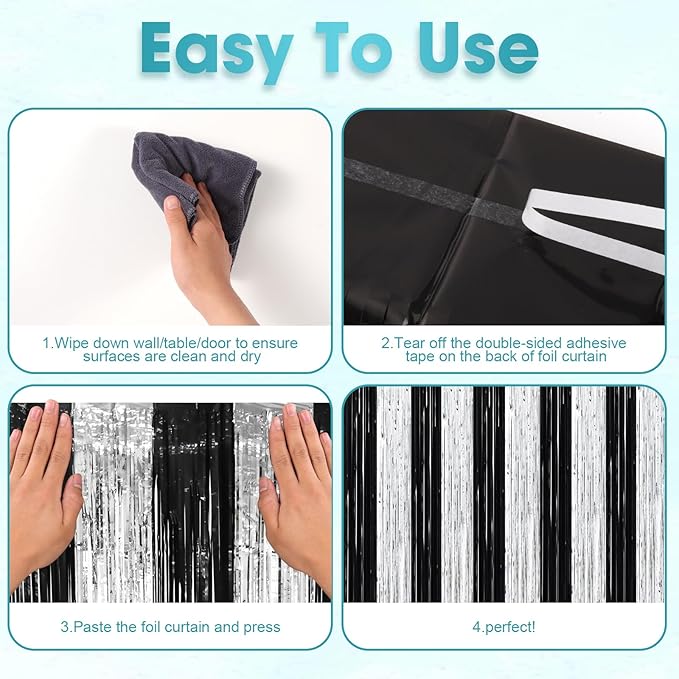 2 Pack Black and Silver Tinsel Foil Fringe Curtains, Metallic Tinsel Party - Image 4