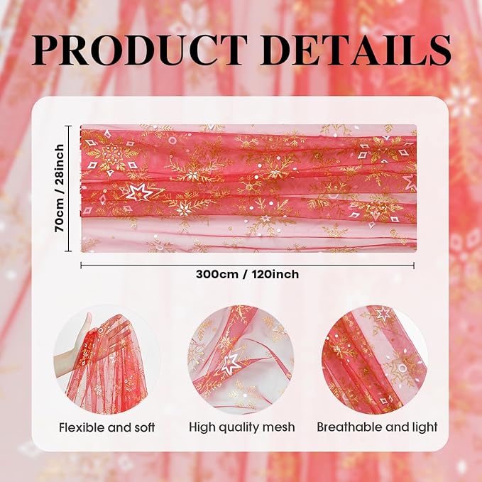 Artoid Mode Red Gold Snowflakes Christmas Gauze Table Runner 120 Inch 10FT - Image 7