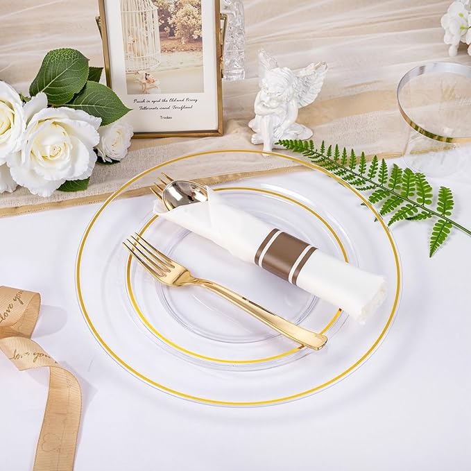 SUT 350 Pcs Gold and Clear Plastic Dinnerware Set - Image 7