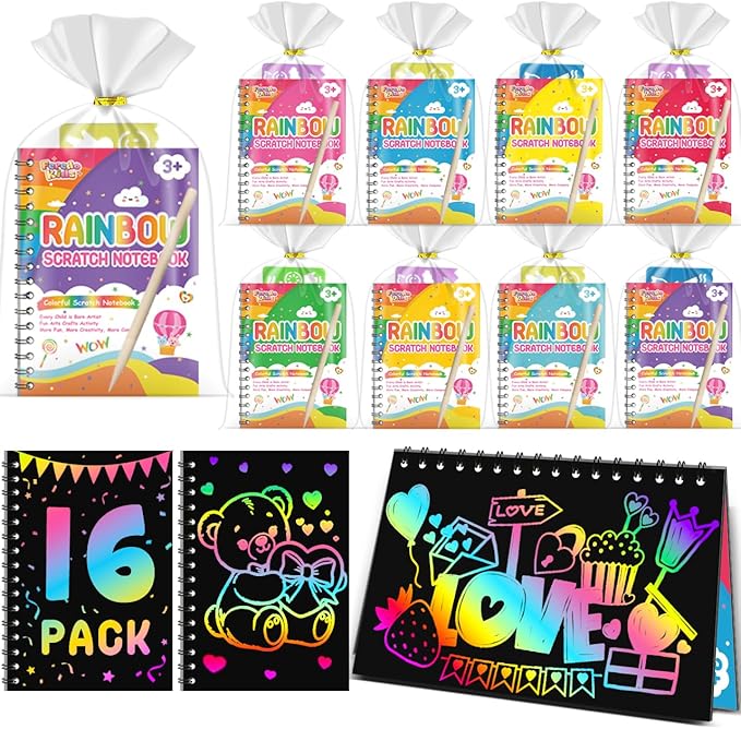 Party Favors for Kids: 16 Pack Rainbow Scratch Art Notebook Back to School by FEREDOKIDS