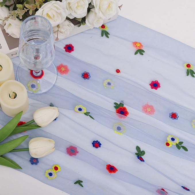 BINBE 6pcs Daisy Fall Table Runner Embroidery Gauze 10FT Florals Seasonal Tulle - Image 2