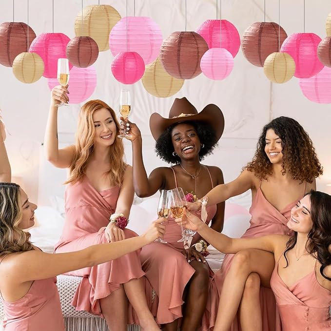 Pink Brown Paper Lanterns Decorative 12pcs Party Hanging Decorations - Image 7