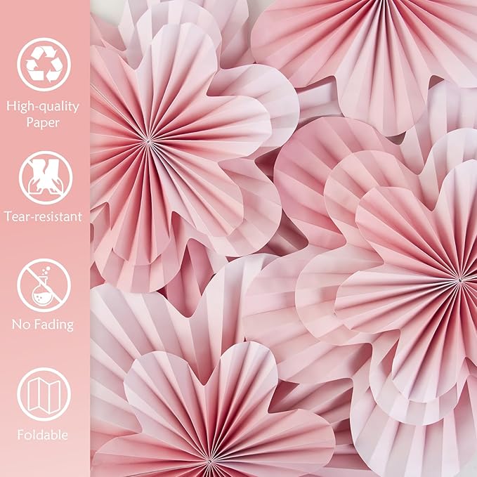 SUNBEAUTY 9 PCS Pink and Cherry Blossom Party Decorations Pink Paper Fans Decor - Image 3