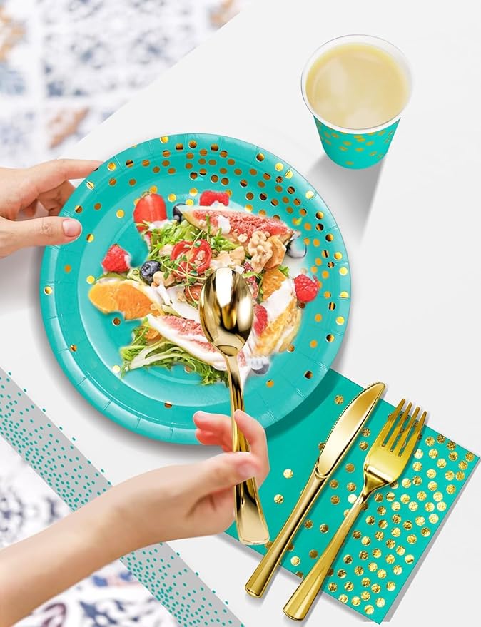 141 Pieces Blue Green and gold Party Supplies, Party Dinnerware Sets Include - Image 4