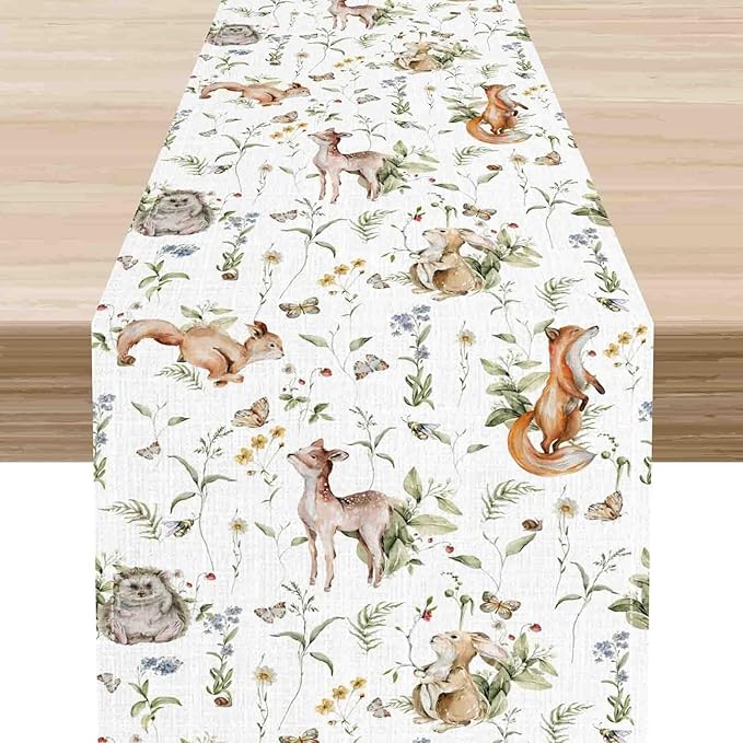 Rustic Forest Table Runner, Farmhouse Wild Woodland Animals Country Deer Fox by Unknown