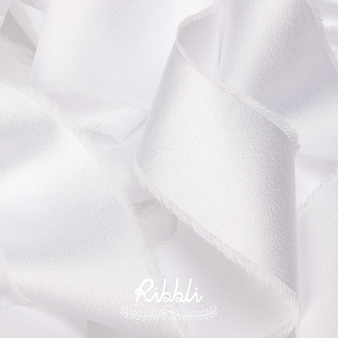 Ribbli White Silk Satin Ribbon 1.5 Inch x 12 Yard Handmade Frayed Chiffon Ribbon - Image 2
