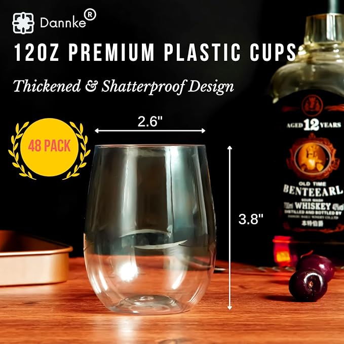 48 Stemless Plastic Wine Glasses - 12oz Clear Disposable Party Cups - Image 2