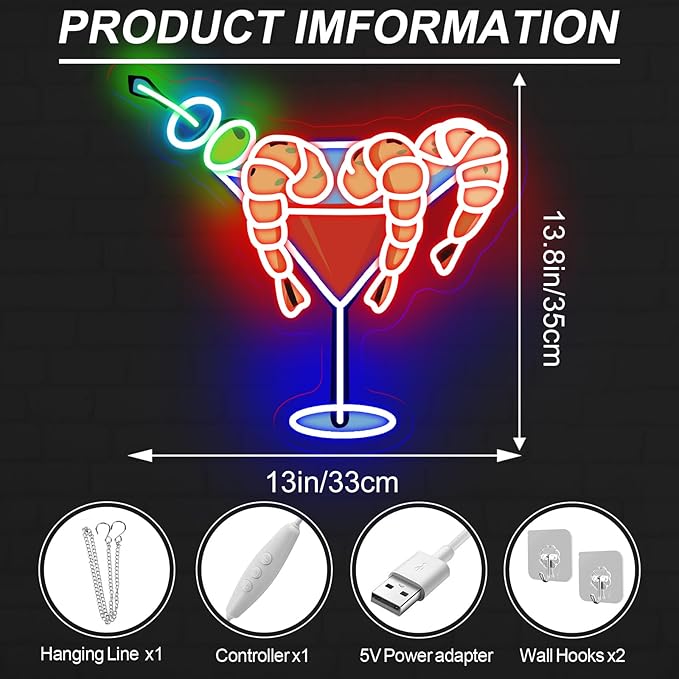 Shrimp Martini Wine Neon Sign, Martini LED Light, Home Party Wall Art, Cocktail - Image 3