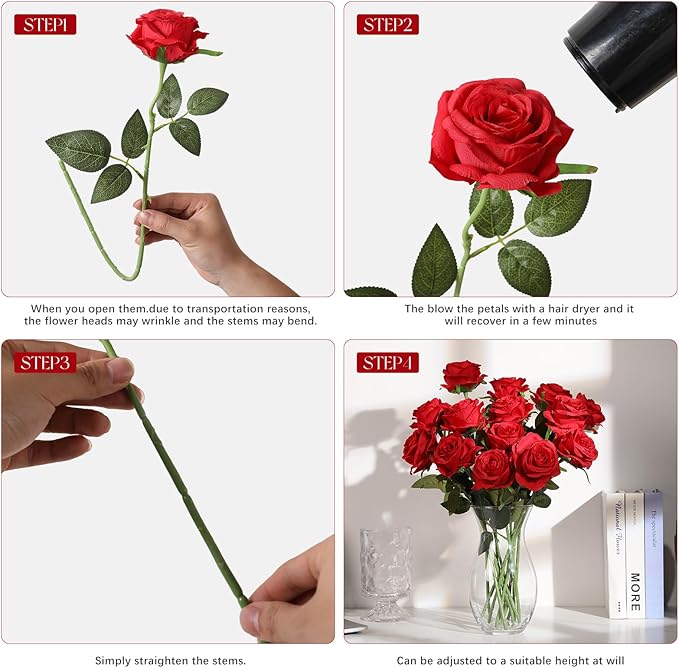 Tifuly 12 Pcs Red Roses Artificial Flowers, Realistic Long Stem Fake Silk Roses - Image 9