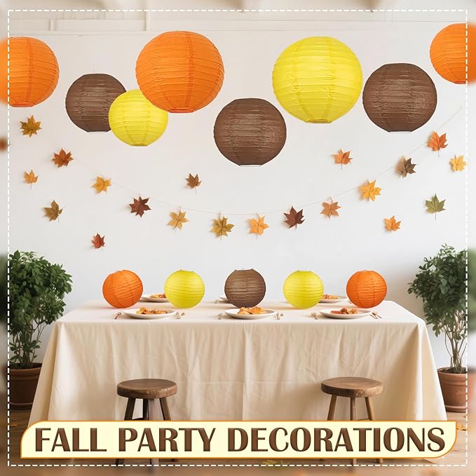 12Pcs Fall Paper Lanterns, Various Sizes Hanging Yellow Orange and Brown Paper - Image 5