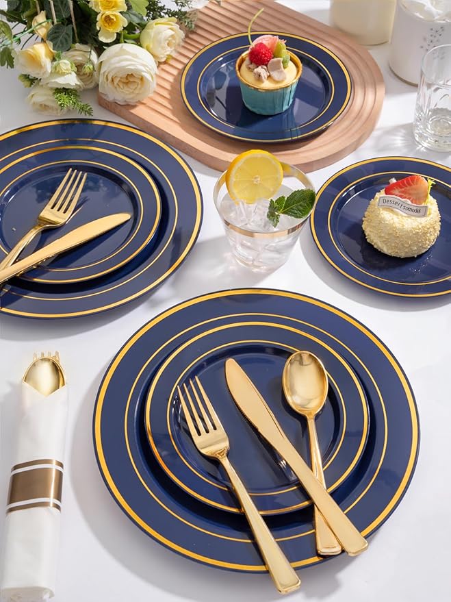 350PCS Blue and Gold Plastic Plates - Image 8