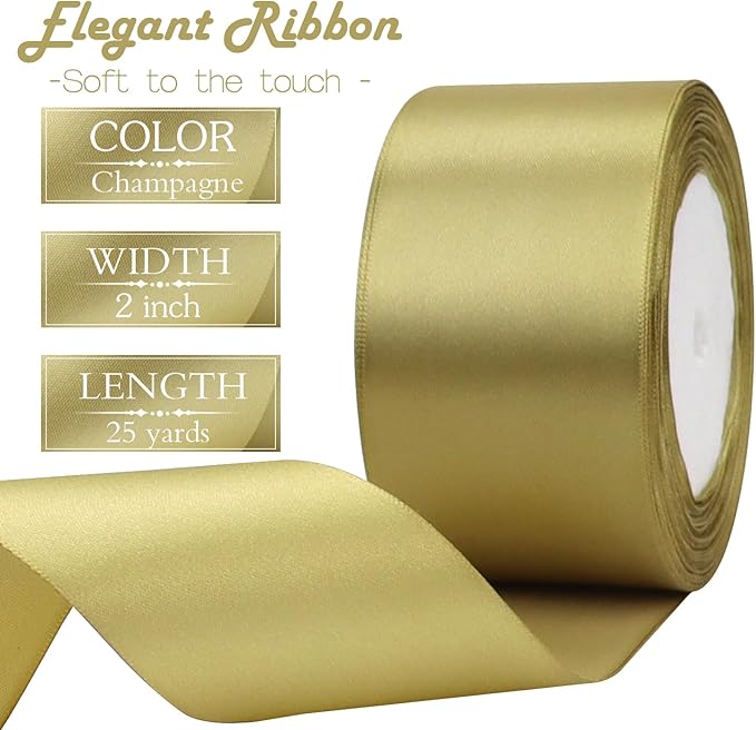 Champagne Gold Solid Satin Ribbon 2 Inch 25 Yards Solid Polyester Fabric Ribbon - Image 3