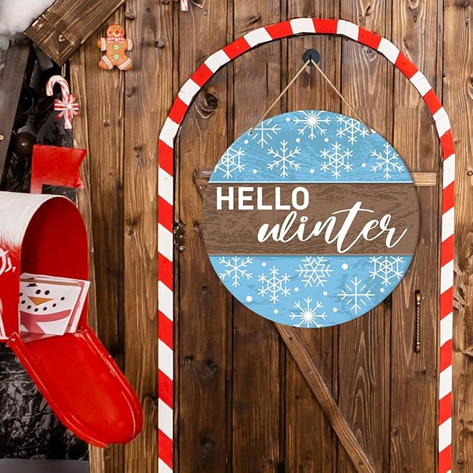Muktoujaumai Hello Winter Sign Front Door Decor, Christmas Round Hanging Sign - Image 3