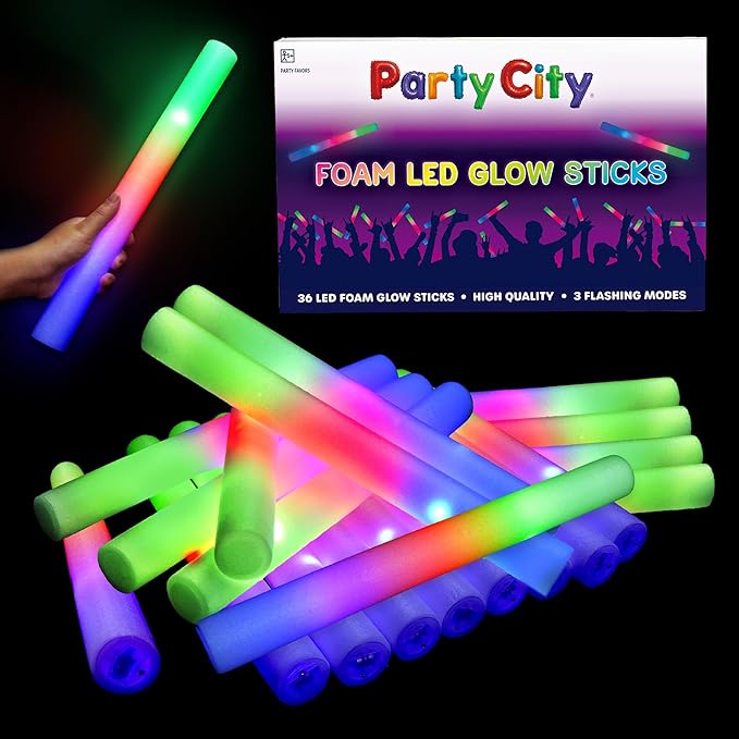 Party City 36pk LED Foam Glow Sticks 14”- Glow in the Dark Party Supplies Favors by PartyCity