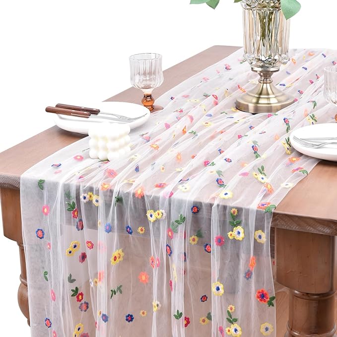 Joanlody 3pcs Ivory Embroidery Daisy Fall Thanksgiving Table Runner 10ft by Joanlody