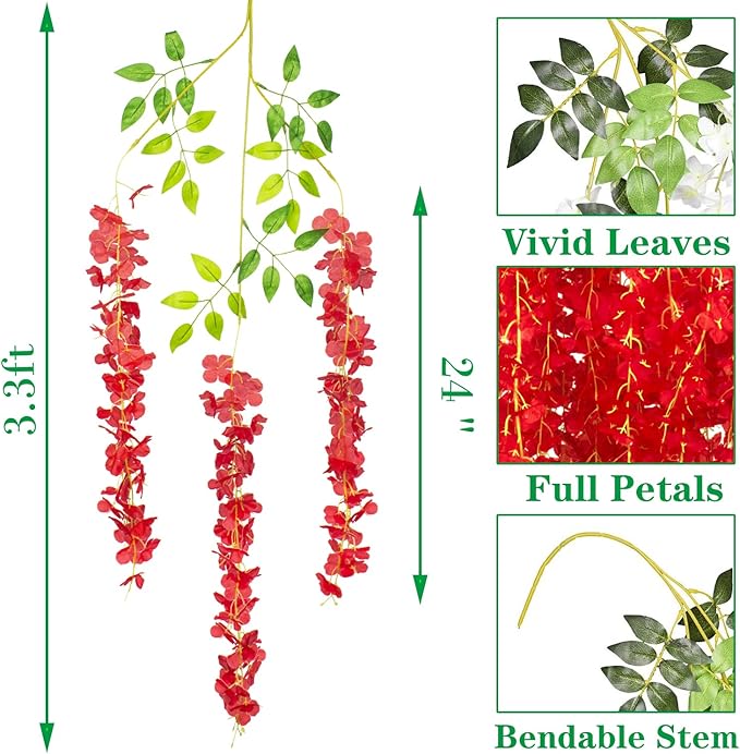 24 Pack Artificial Fake Wisteria Vine Ratta Hanging Garland Silk Flowers String - Image 2