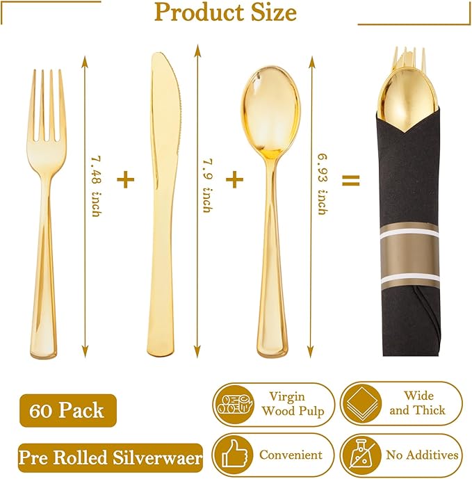 Supernal 60 Pack Gold Silverware, Pre Wrapped - Image 2