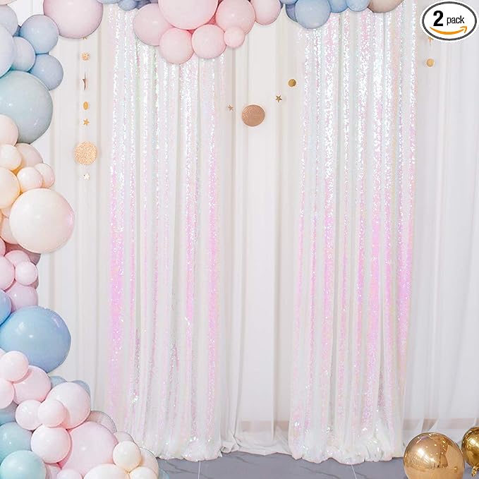 ShinyBeauty Sequin Backdrop 2FTx8FT Iridescent White 2 Pieces White Sequin Back by ShinyBeauty