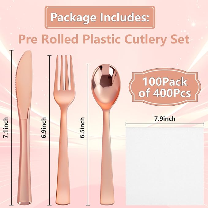 400PCS Pre Rolled Rose Gold Plastic Silverware Sets - Image 2