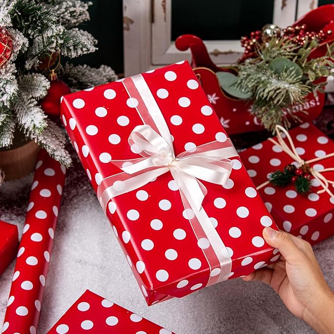 Burymento Red and White Dots Wrapping Paper, Reversible Pink Gift Wrap - Image 6