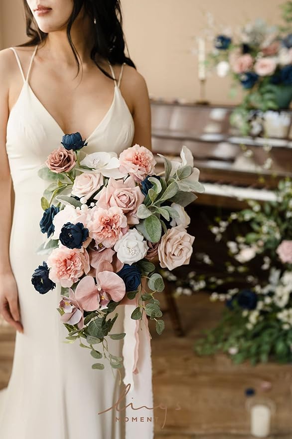 Ling's moment Dusty Rose Navy Blue Bridal Bouquet Cascading, 15 Inch Silk - Image 5