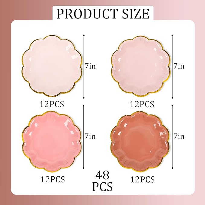 Dusty Pink Gradient Color Dessert Paper Plates, 7 inch Gold Foil Scalloped Edge - Image 2
