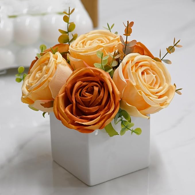 LADADA Artificial Roses in White Ceramic Vase, Faux Floral Arrangement - Image 5