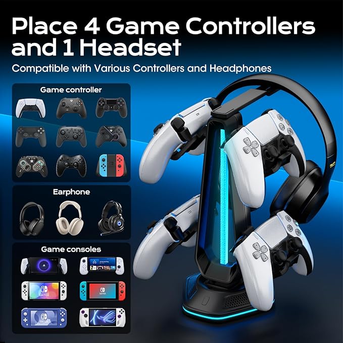 Saitake RGB Headset Stand with 9 Light Modes, Controller Holder - Image 3