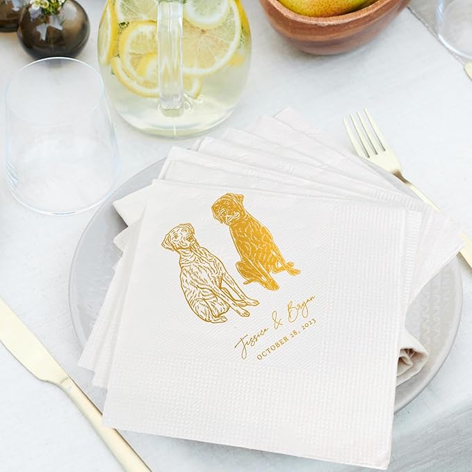 Luxury Custom Illustrated Dog Wedding Napkins, Custom Pet, Personalized Photo - Image 3