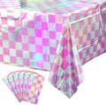 6 Pack Pink and Iridescent Checkered Plastic Tablecloth, Shiny Disposable Laser by EnjoyYourFunnyParties
