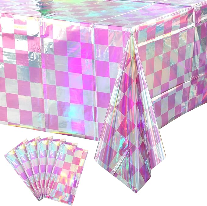6 Pack Pink and Iridescent Checkered Plastic Tablecloth, Shiny Disposable Laser by EnjoyYourFunnyParties