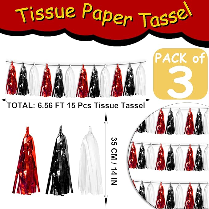 3P Black Red White Foil Fringe Tassel Banner Metallic Tinsel Streamer Garland - Image 2