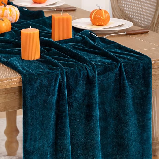 Peacock Green Velvet Table Runner Fall Thanksgiving Turquoise Table Runner 20 x by DeZerlor