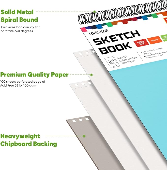 Soucolor 9" x 12" Spiral Bound Blank Sketch Notebook Journal Book- 1-Pack 100 - Image 2