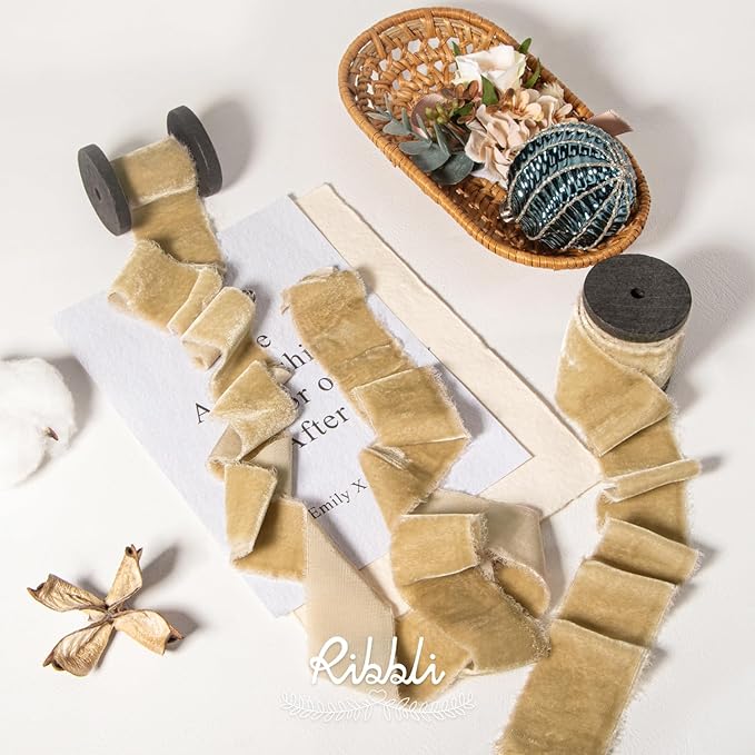 Ribbli Light Champagne Velvet Ribbon 1.5 Inch Handmade Frayed Christmas Ribbon - Image 2