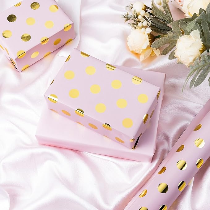 Burymento Pink and Gold Dots Wrapping Paper, Reversible Pink Gift Wrap - Image 4