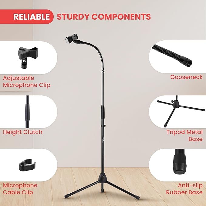 Pyle Tripod Mic Stand, Adjustable Gooseneck Microphone Stand, Sturdy Build - Image 4