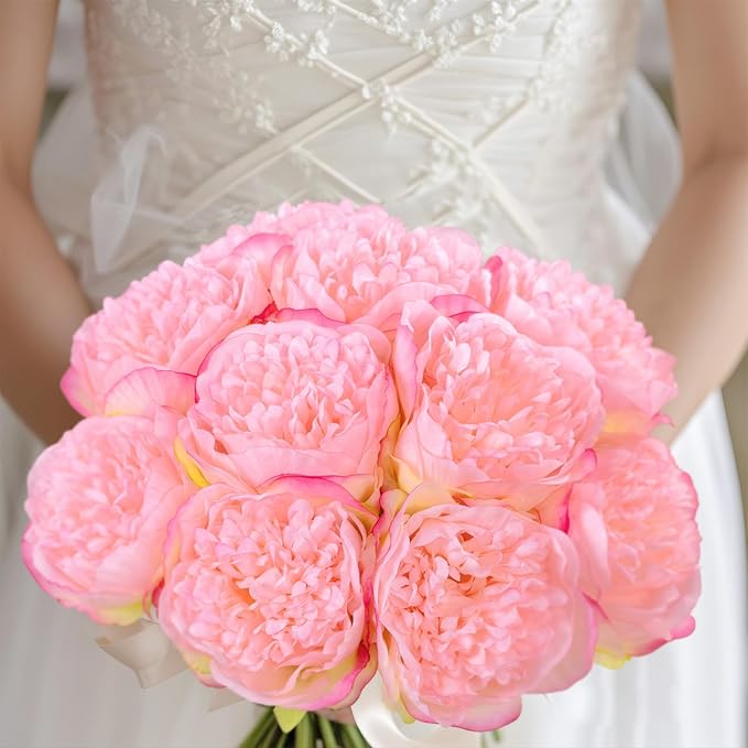 U'Artlines 2 Bouquet 10 Heads Artificial Peony Silk Flower Leaf Home Office - Image 6