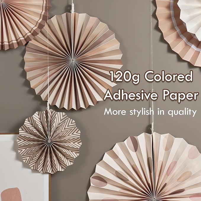 Boho Hanging Paper Fans White Brown Champagne Party Decorations Neutral Rustic - Image 7