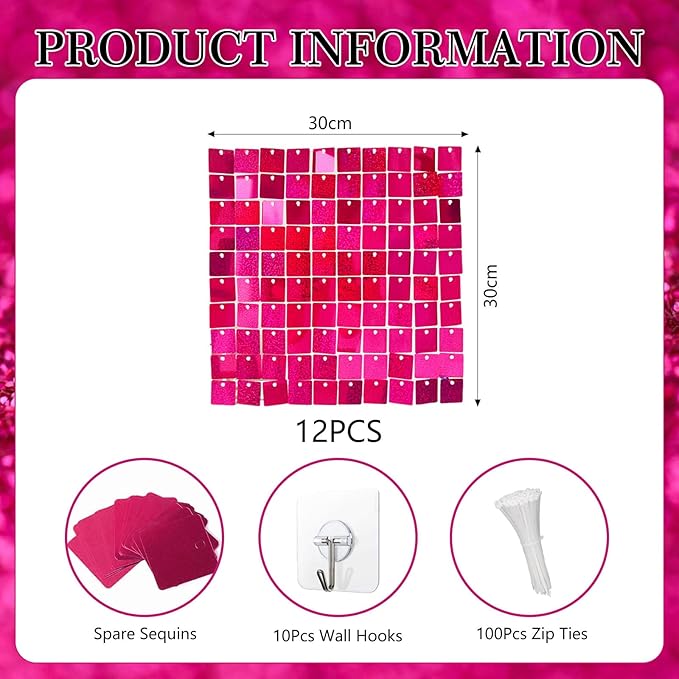 12PCS Fuchsia Shimmer Wall Backdrop, Laser Square Sequin Photo Backdrops Panel - Image 2